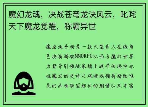 魔幻龙魂，决战苍穹龙诀风云，叱咤天下魔龙觉醒，称霸异世